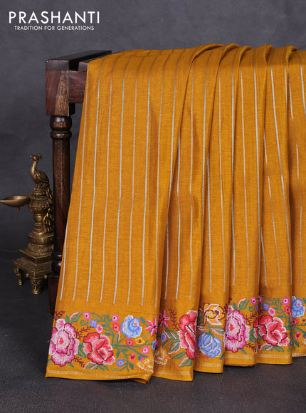 Semi tussar saree mustard yellow with allover silver & zari stripe pattern and convent embroidery border