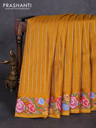 Semi tussar saree mustard yellow with allover silver & zari stripe pattern and convent embroidery border