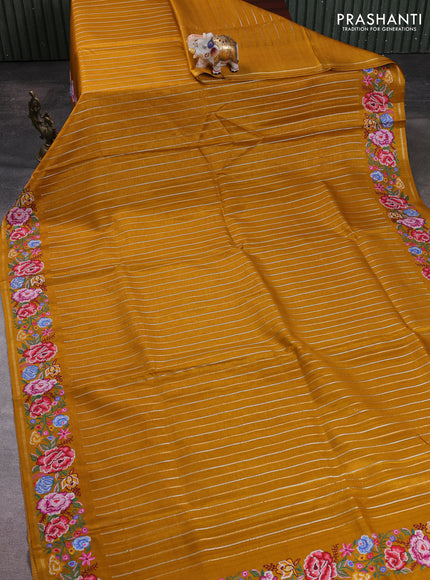Semi tussar saree mustard yellow with allover silver & zari stripe pattern and convent embroidery border