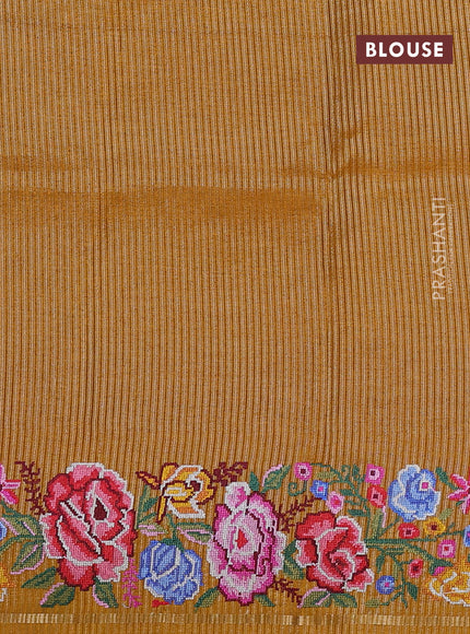 Semi tussar saree mustard yellow with allover silver & zari stripe pattern and convent embroidery border