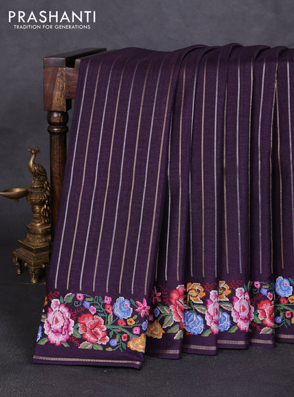 Semi tussar saree deep violet with allover silver & zari stripe pattern and convent embroidery border