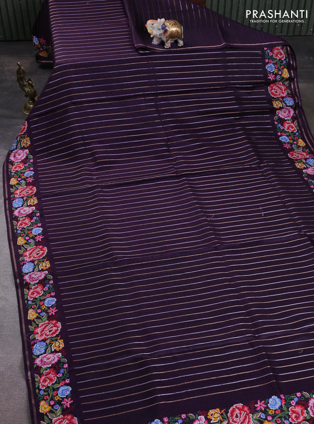 Semi tussar saree deep violet with allover silver & zari stripe pattern and convent embroidery border
