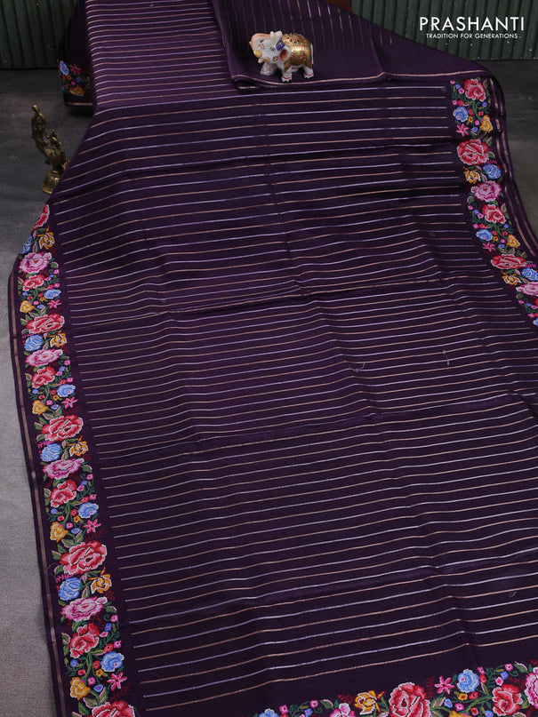 Semi tussar saree deep violet with allover silver & zari stripe pattern and convent embroidery border
