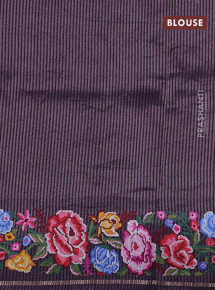 Semi tussar saree deep violet with allover silver & zari stripe pattern and convent embroidery border