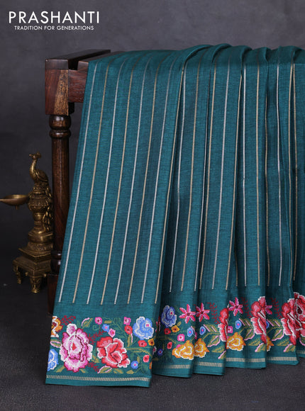Semi tussar saree peacock green with allover silver & zari stripe pattern and convent embroidery border