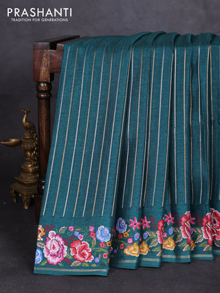 Semi tussar saree peacock green with allover silver & zari stripe pattern and convent embroidery border