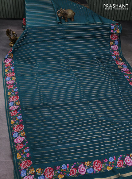 Semi tussar saree peacock green with allover silver & zari stripe pattern and convent embroidery border