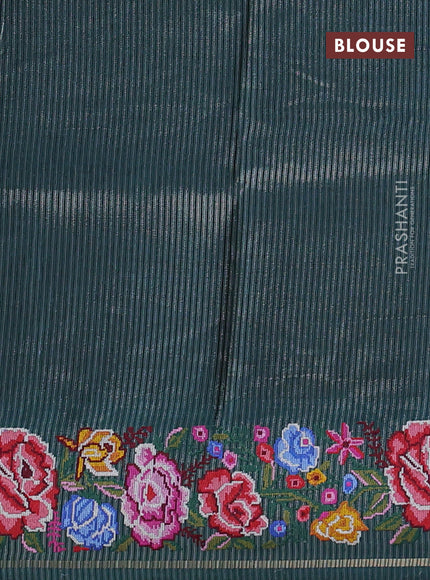 Semi tussar saree peacock green with allover silver & zari stripe pattern and convent embroidery border