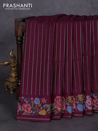 Semi tussar saree deep purple with allover silver & zari stripe pattern and convent embroidery border