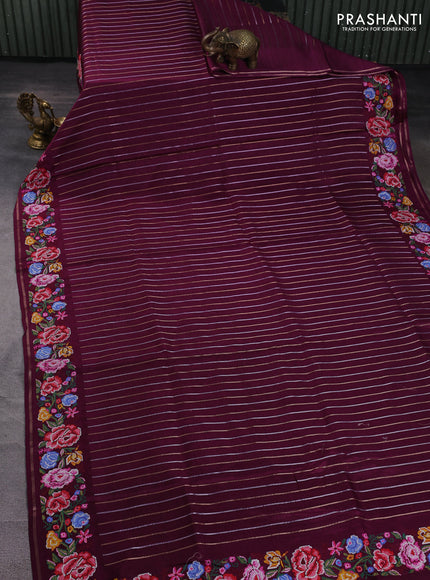 Semi tussar saree deep purple with allover silver & zari stripe pattern and convent embroidery border
