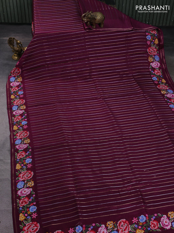 Semi tussar saree deep purple with allover silver & zari stripe pattern and convent embroidery border