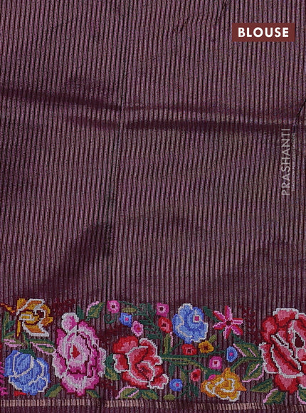 Semi tussar saree deep purple with allover silver & zari stripe pattern and convent embroidery border