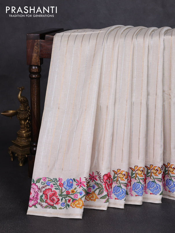 Semi tussar saree off white with allover silver & zari stripe pattern and convent embroidery border