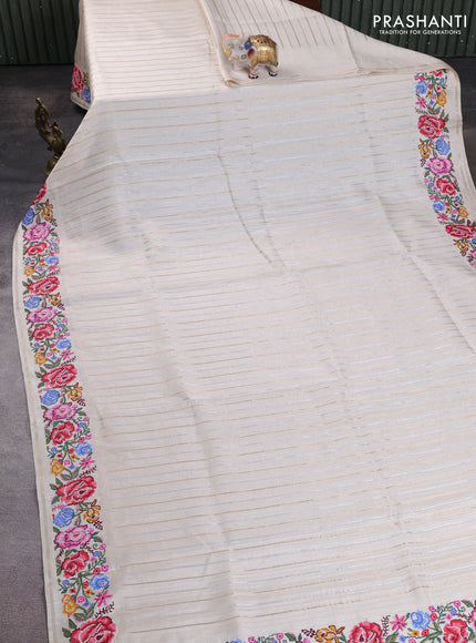Semi tussar saree off white with allover silver & zari stripe pattern and convent embroidery border