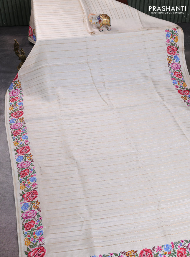 Semi tussar saree off white with allover silver & zari stripe pattern and convent embroidery border