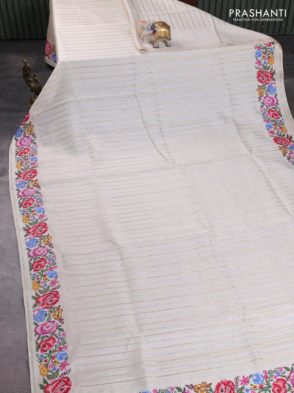Semi tussar saree off white with allover silver & zari stripe pattern and convent embroidery border