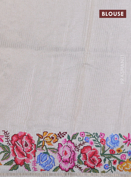 Semi tussar saree off white with allover silver & zari stripe pattern and convent embroidery border