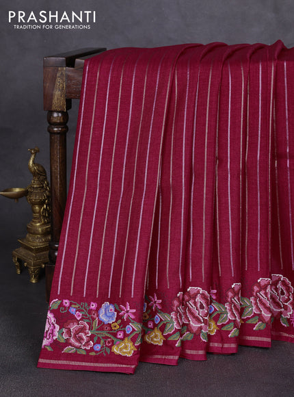 Semi tussar saree dark pink with allover silver & zari stripe pattern and convent embroidery border
