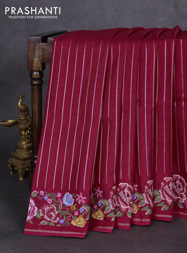 Semi tussar saree dark pink with allover silver & zari stripe pattern and convent embroidery border