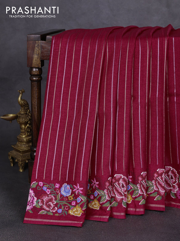 Semi tussar saree dark pink with allover silver & zari stripe pattern and convent embroidery border