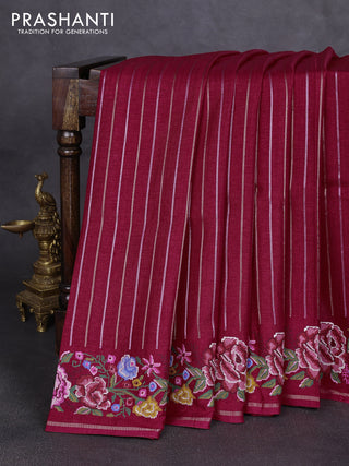 Semi tussar saree dark pink with allover silver & zari stripe pattern and convent embroidery border