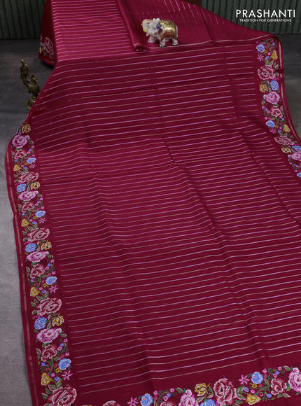 Semi tussar saree dark pink with allover silver & zari stripe pattern and convent embroidery border