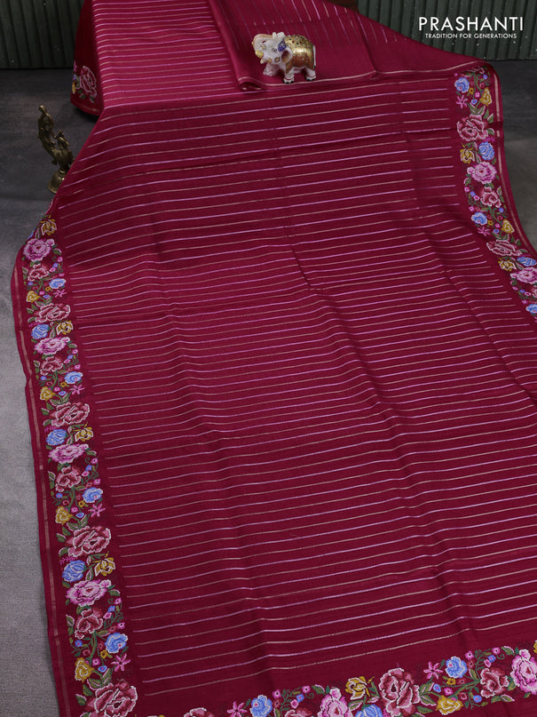 Semi tussar saree dark pink with allover silver & zari stripe pattern and convent embroidery border