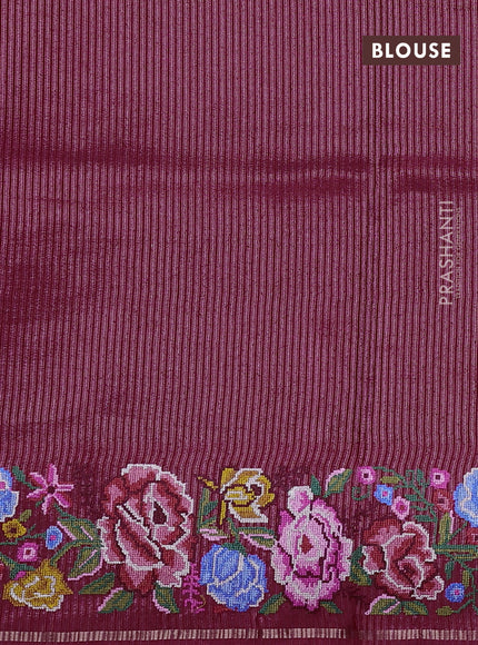 Semi tussar saree dark pink with allover silver & zari stripe pattern and convent embroidery border