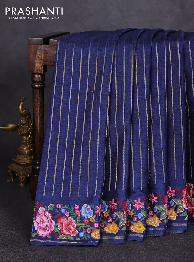 Semi tussar saree navy blue with allover silver & zari stripe pattern and convent embroidery border