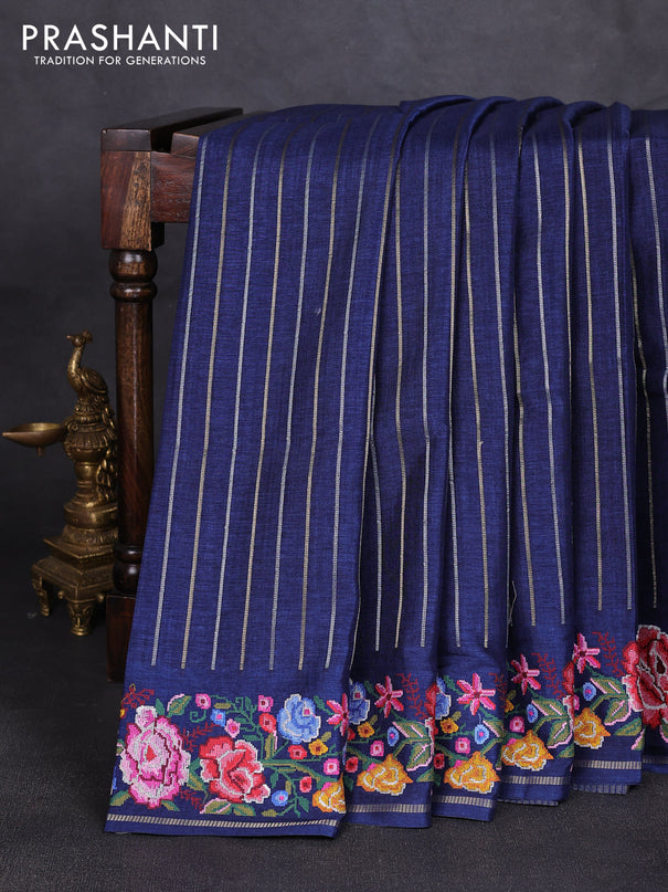 Semi tussar saree navy blue with allover silver & zari stripe pattern and convent embroidery border
