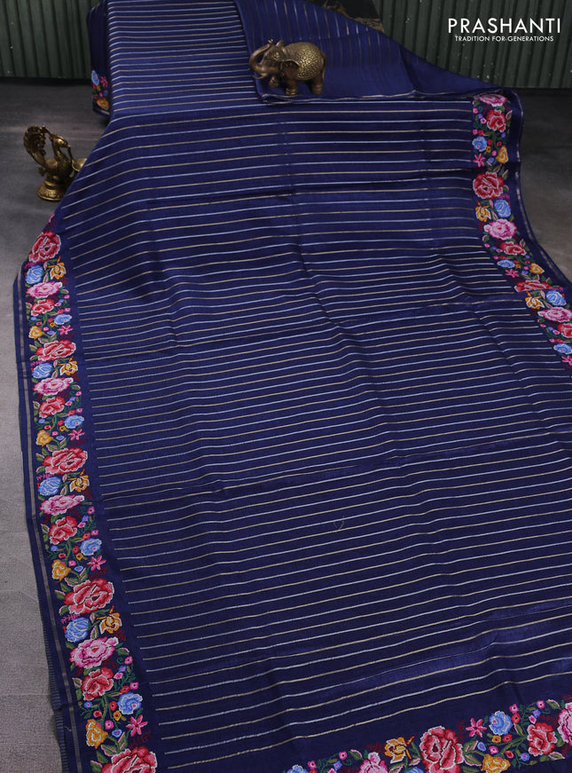 Semi tussar saree navy blue with allover silver & zari stripe pattern and convent embroidery border