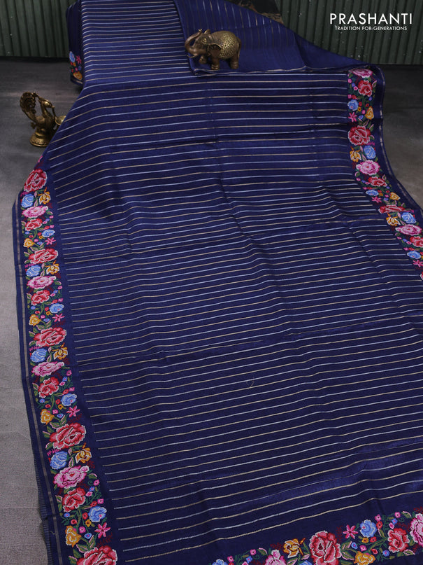 Semi tussar saree navy blue with allover silver & zari stripe pattern and convent embroidery border