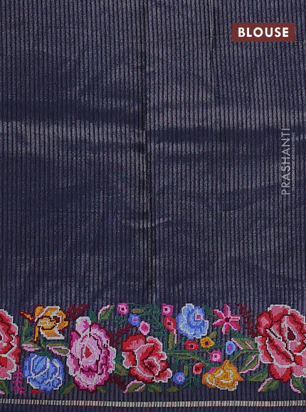 Semi tussar saree navy blue with allover silver & zari stripe pattern and convent embroidery border