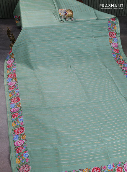 Semi tussar saree pastel green with allover silver & zari stripe pattern and convent embroidery border