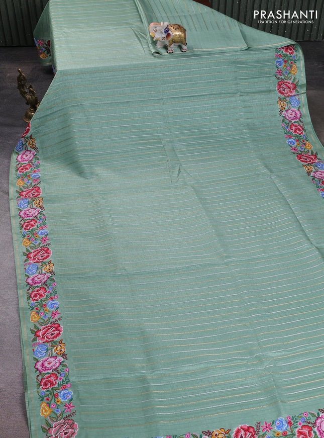 Semi tussar saree pastel green with allover silver & zari stripe pattern and convent embroidery border