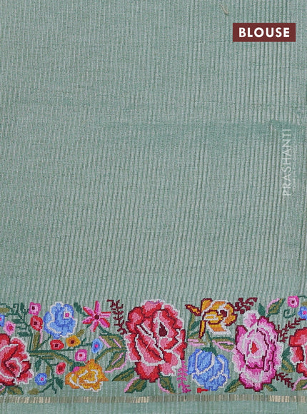 Semi tussar saree pastel green with allover silver & zari stripe pattern and convent embroidery border