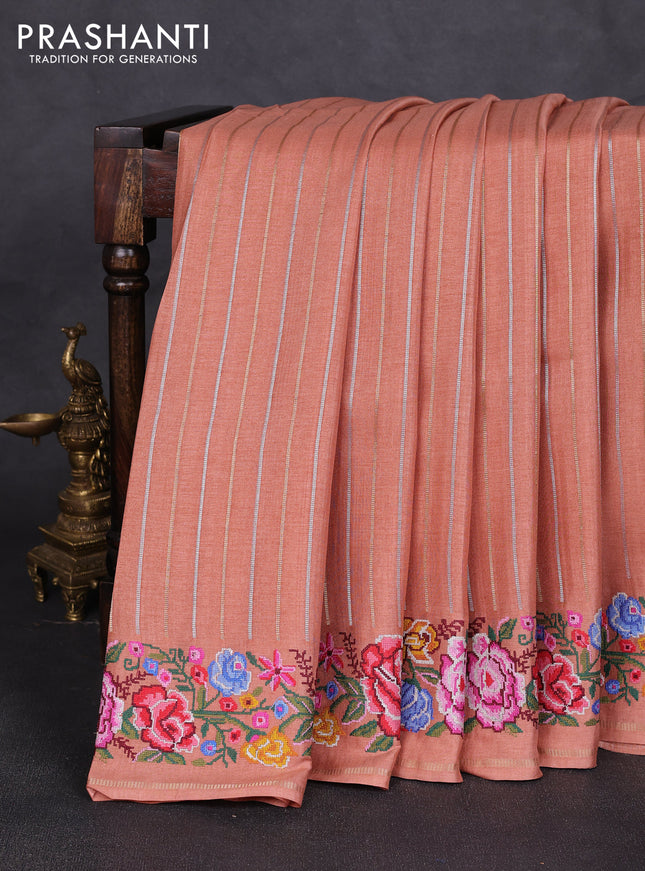 Semi tussar saree peach shade with allover silver & zari stripe pattern and convent embroidery border