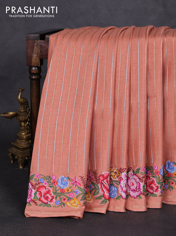 Semi tussar saree peach shade with allover silver & zari stripe pattern and convent embroidery border