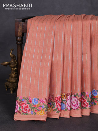 Semi tussar saree peach shade with allover silver & zari stripe pattern and convent embroidery border