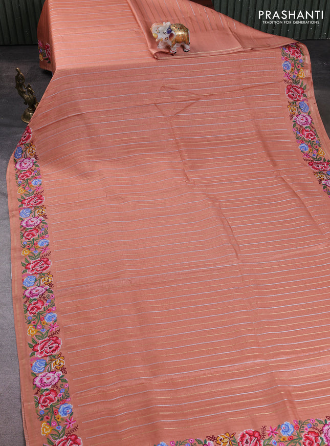 Semi tussar saree peach shade with allover silver & zari stripe pattern and convent embroidery border