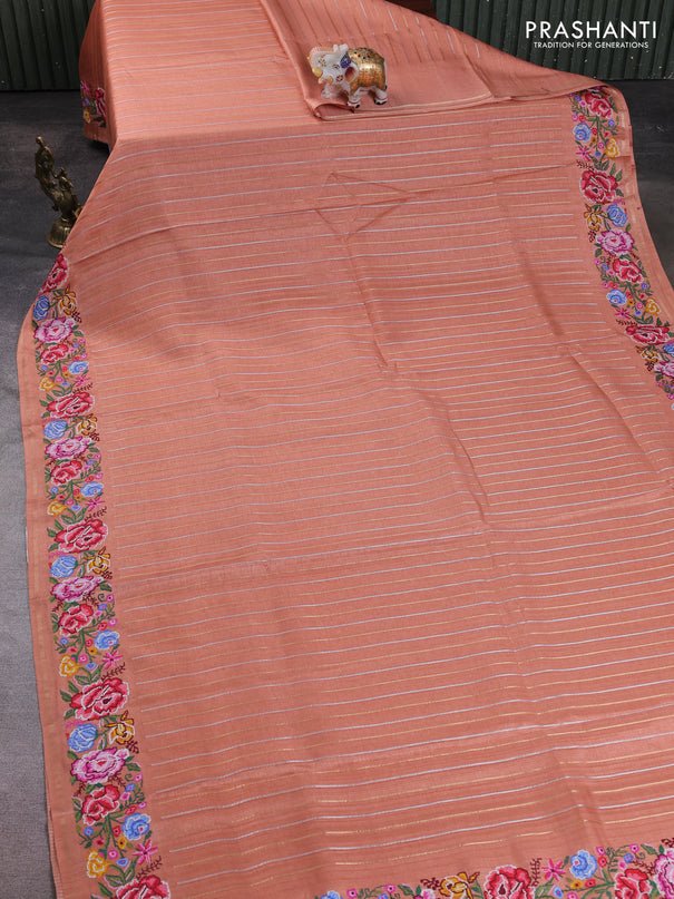 Semi tussar saree peach shade with allover silver & zari stripe pattern and convent embroidery border