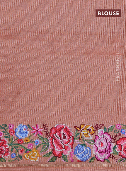 Semi tussar saree peach shade with allover silver & zari stripe pattern and convent embroidery border