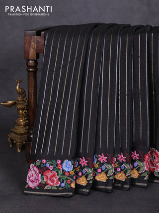 Semi tussar saree black with allover silver & zari stripe pattern and convent embroidery border