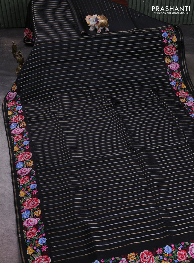 Semi tussar saree black with allover silver & zari stripe pattern and convent embroidery border