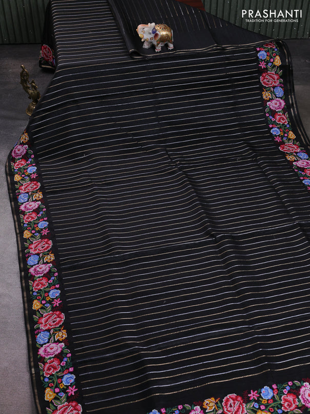 Semi tussar saree black with allover silver & zari stripe pattern and convent embroidery border