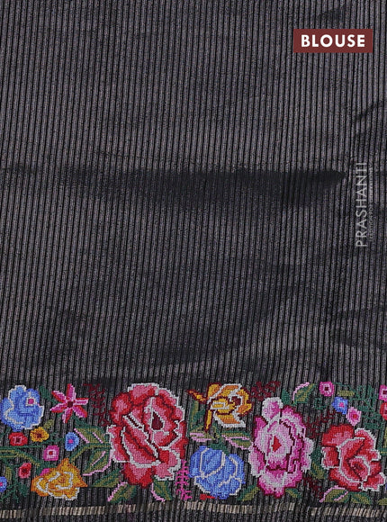 Semi tussar saree black with allover silver & zari stripe pattern and convent embroidery border