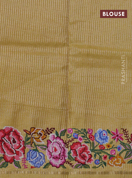 Semi tussar saree pale yellow with allover silver & zari stripe pattern and convent embroidery border