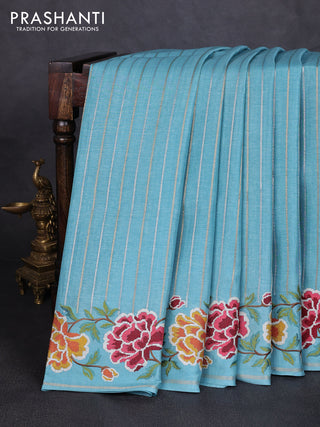 Semi tussar saree teal blue with allover silver & zari stripe pattern and convent embroidery border