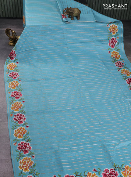 Semi tussar saree teal blue with allover silver & zari stripe pattern and convent embroidery border