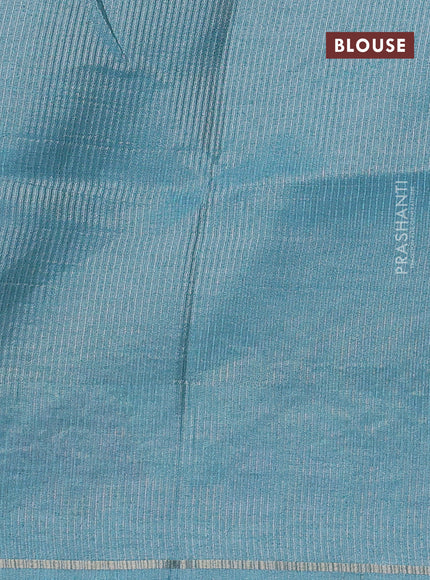 Semi tussar saree teal blue with allover silver & zari stripe pattern and convent embroidery border